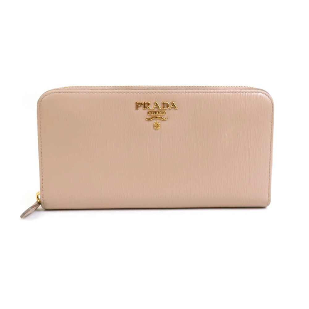 Prada Round Zip Long Wallet Leather Beige Gold